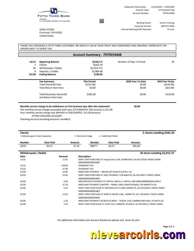 USA Fifth Third Bank statement in Word and PDF (.doc and .pdf) format, good for address prove